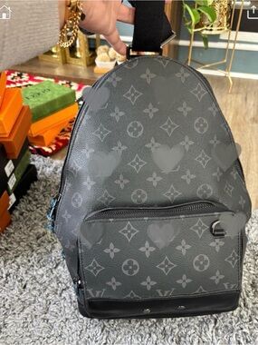 Men's Black Monogram Backpack with Front Zip Pocket